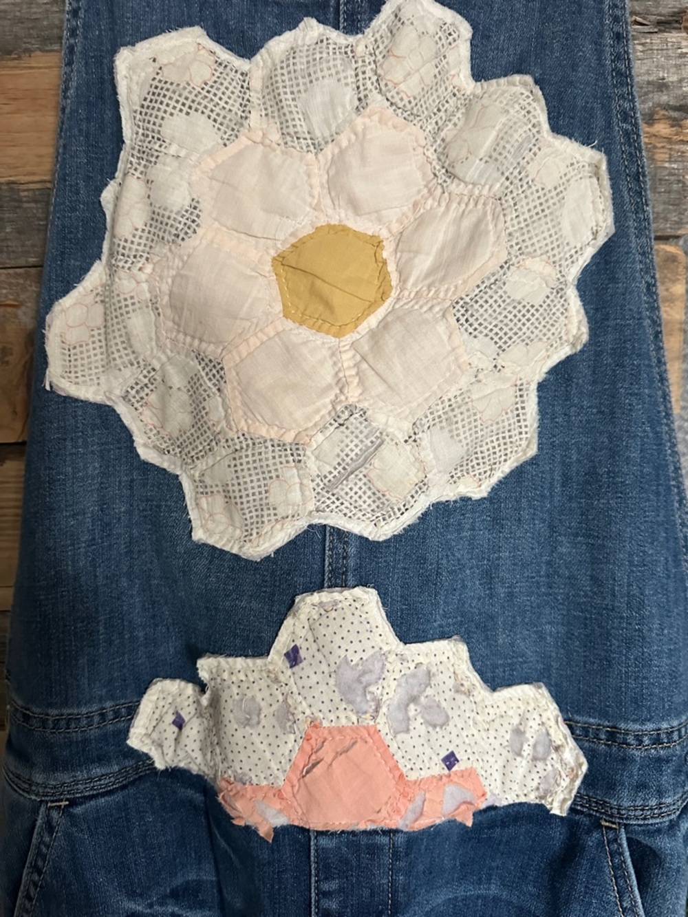 Denim upcycle vintage quilt Floral Patchwork Overalls - Picture 4 of 8